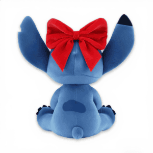 Disney Stitch knuffel met een rode vlinderdas, van achteren gezien